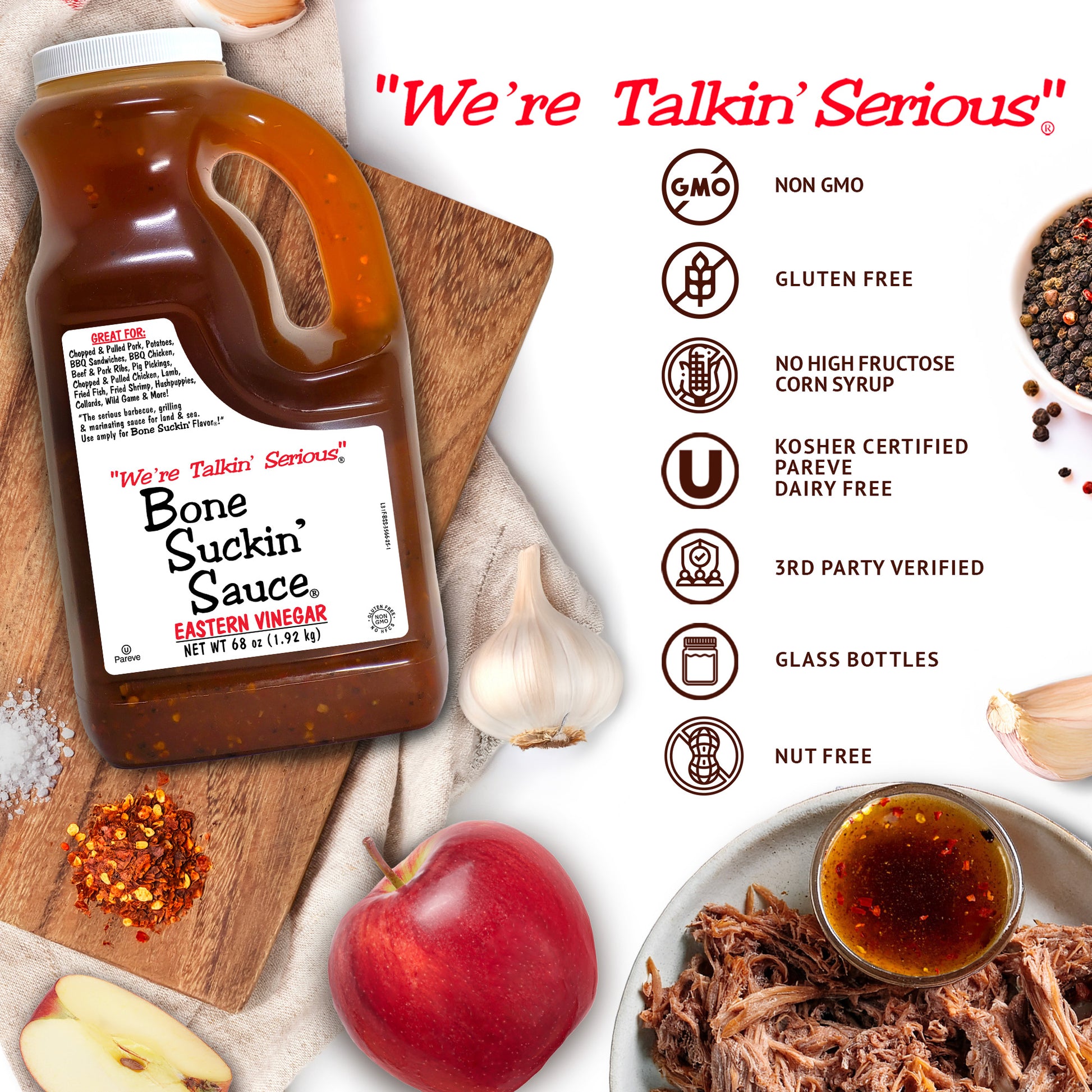 Bottle of 'Bone Suckin' Sauce' with ingredients and certifications on a white background
