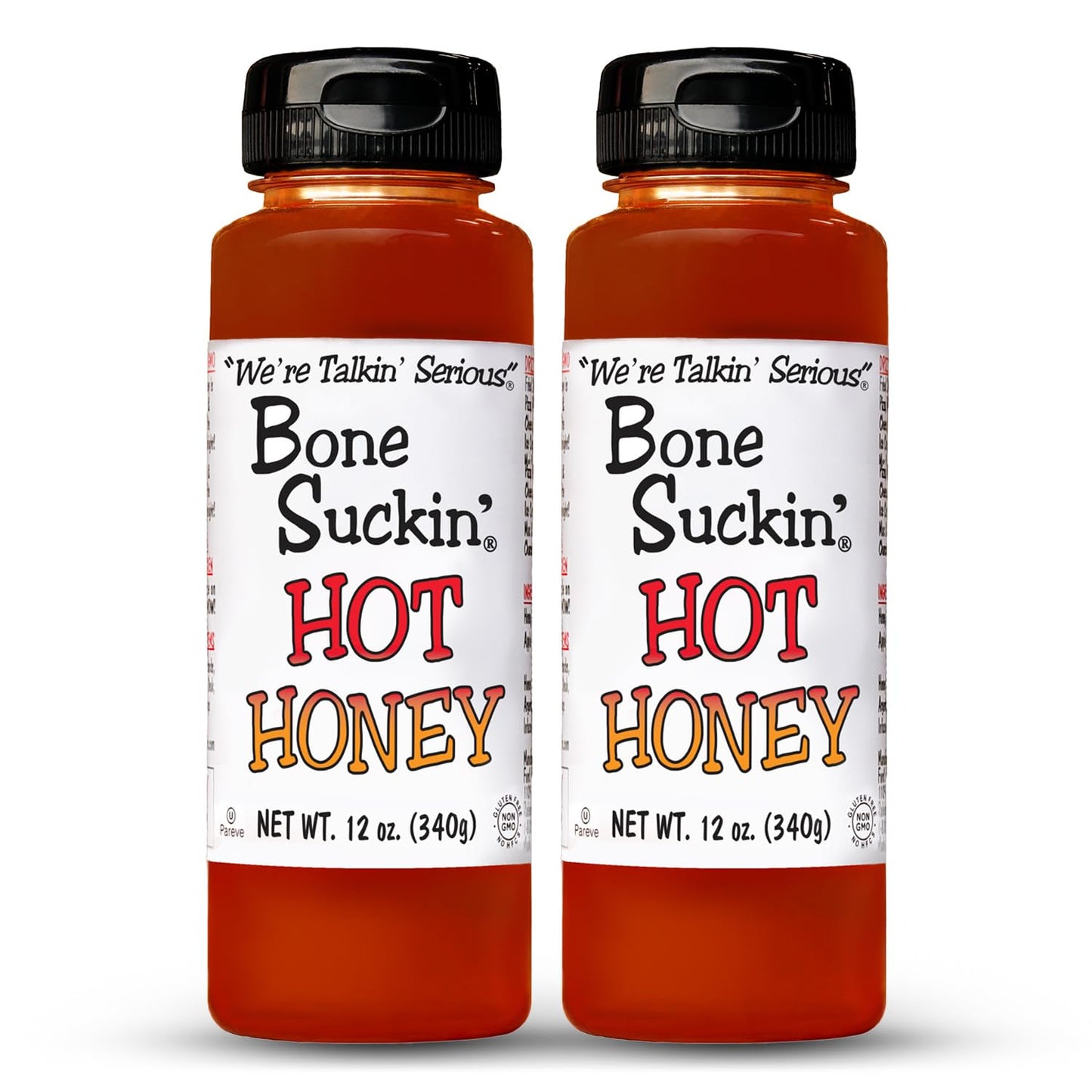 Bone Suckin' Hot Honey, 12 oz, 2 pack HIGH-QUALITY INGREDIENTS: Made with high-quality Non Gmo, Kosher, Pareve, Gluten Free, Dairy Free ingredients with No High Fructose Syrup: Bone Suckin' Hot Honey is crafted using the perfect blend of high quality honey, apple cider vinegar, and chili extract, ensuring a delicious sweet, hot & flavorful experience that is great for the whole family!