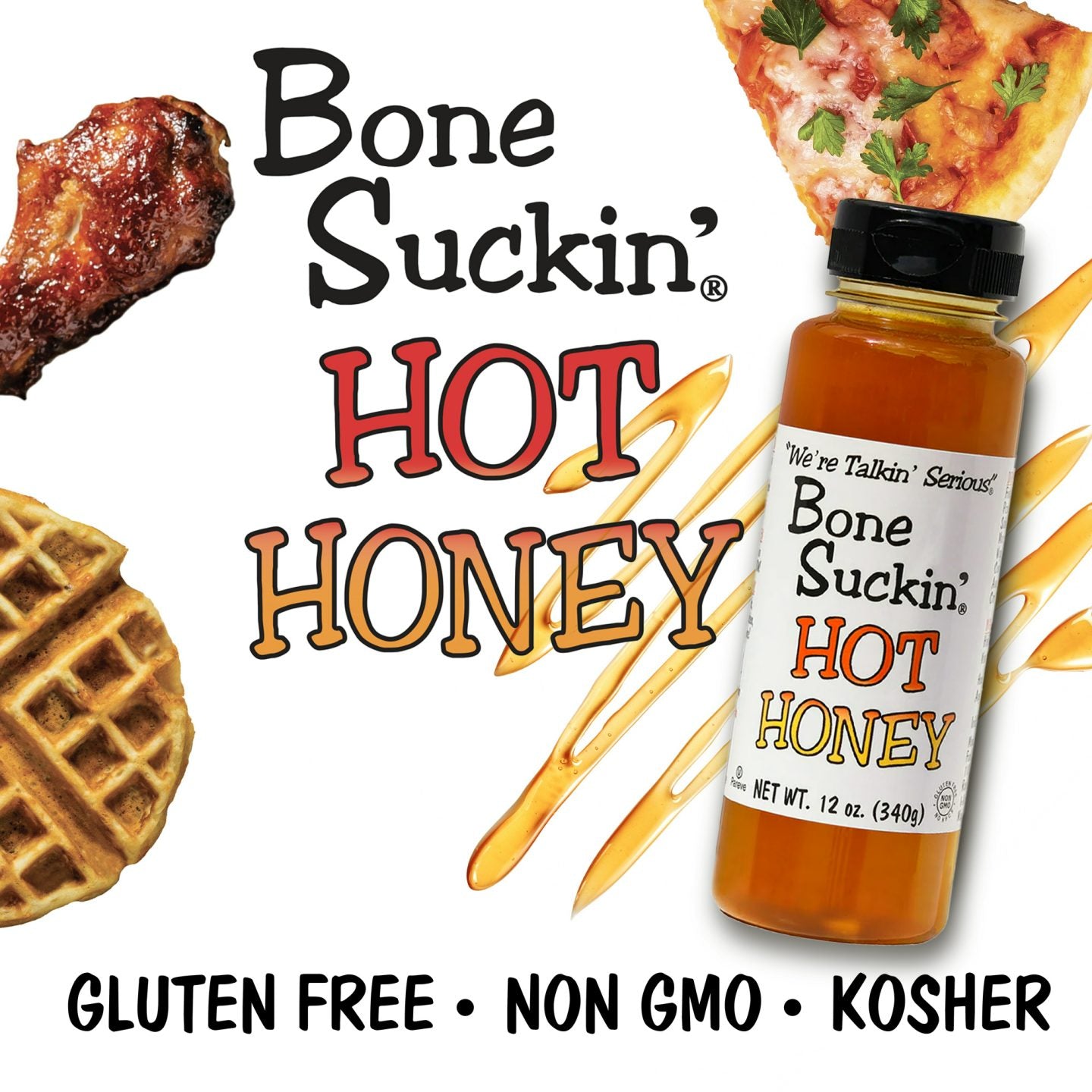 Bone Suckin'® Hot Honey, 12 oz. HIGH-QUALITY INGREDIENTS: Made with high-quality Non Gmo, Kosher, Pareve, Gluten Free, Dairy Free ingredients with No High Fructose Syrup: Bone Suckin' Hot Honey is crafted using the perfect blend of high quality honey, apple cider vinegar, and chili extract, ensuring a delicious sweet, hot & flavorful experience that is great for the whole family!