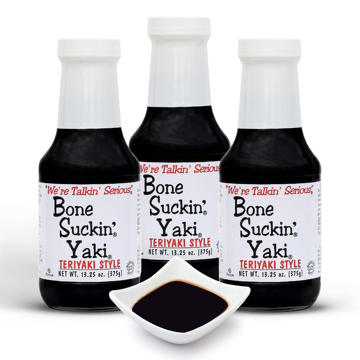 Bone Suckin' Yaki Teriyaki Style - 13.25 oz in Glass Bottle. For Pork Tenderloin, Salmon, Thin Cut Steaks, Stir Fry - Made w/ Tamari Soy Sauce, Balsamic Vinegar & Olive Oil. Gluten Free, Non-Gmo, Kosher , 3 pack