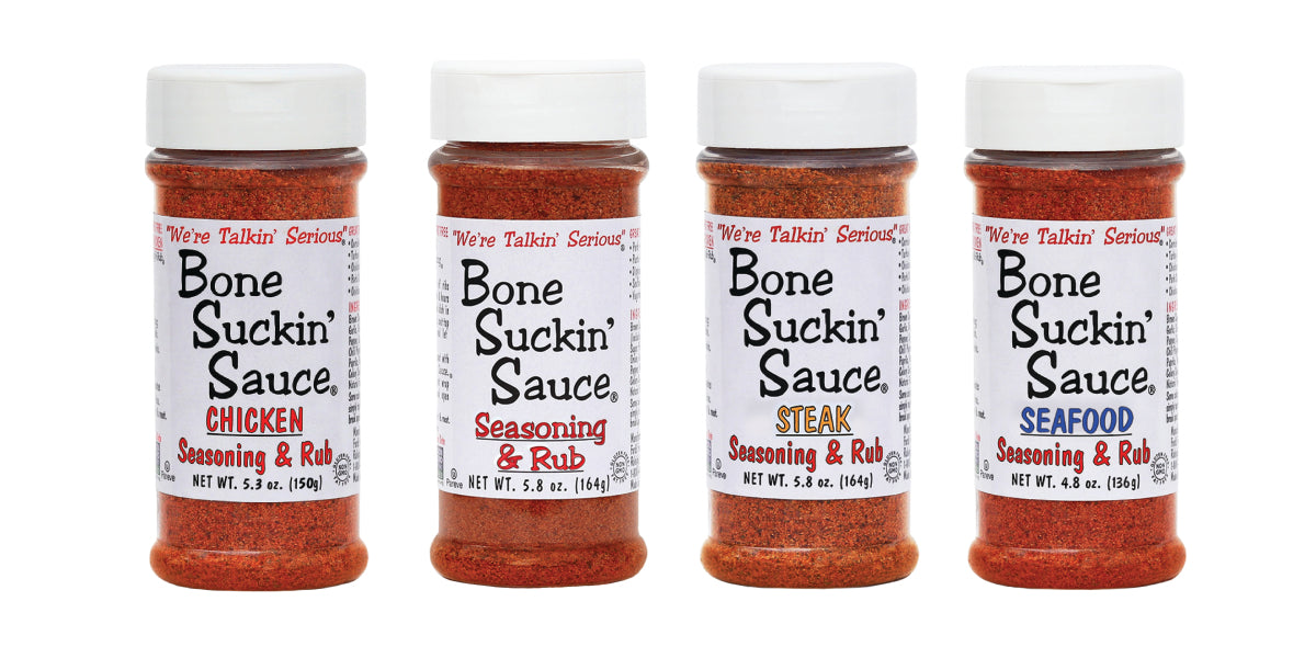 Bone Suckin' Sauce Seasoning and Rub-Variety 4 Pack- Original, Steak, Seafood and Chicken-Great for Grilling, Smoking and More-Perfect Gift for any Occasion