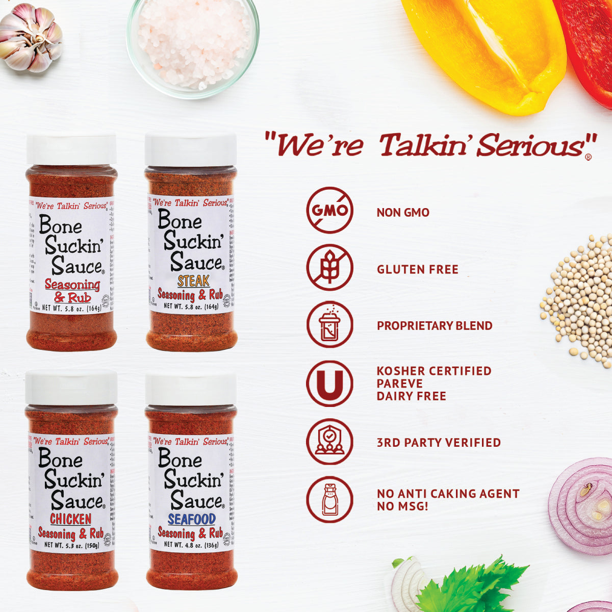 Bone Suckin' Sauce Seasoning and Rub-Variety 4 Pack- Original, Steak, Seafood and Chicken-Great for Grilling, Smoking and More-Perfect Gift for any Occasion