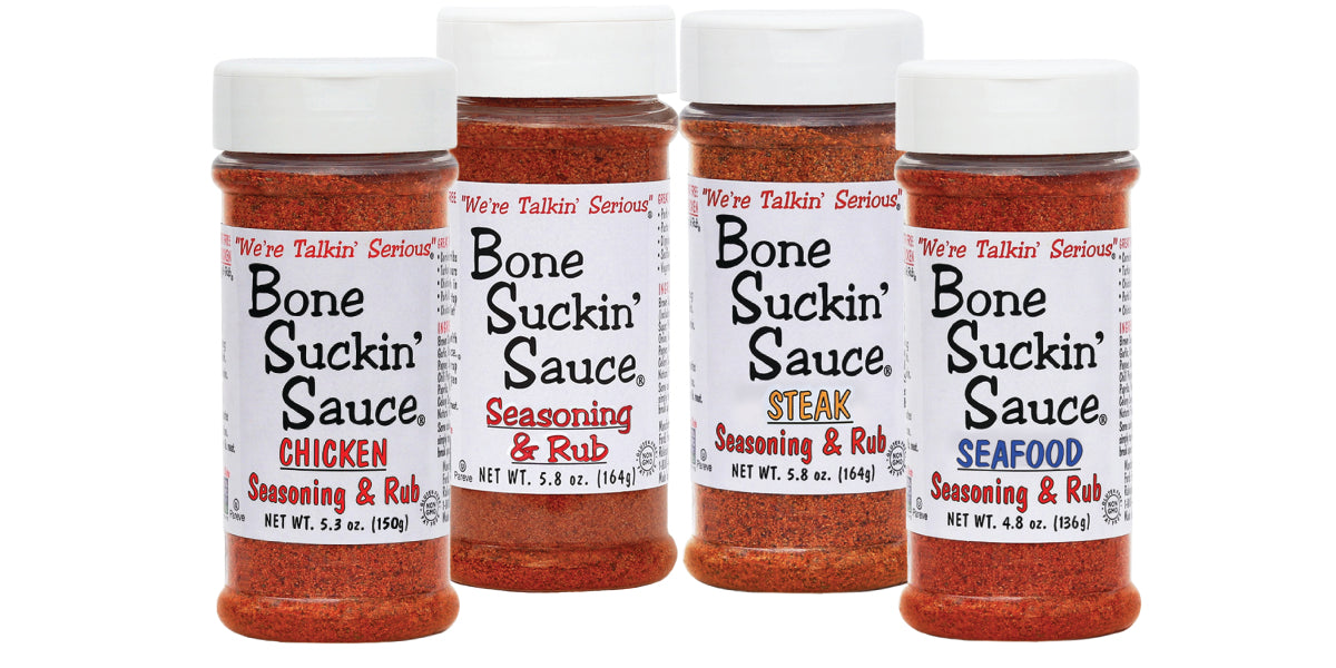Bone Suckin' Sauce BBQ Seasonings & Rubs Variety Pack - Original, Steak, Chicken, and Seafood Flavors - (Pack of 4) - Great for Grilling, Smoking, and More - Perfect Gift for Any Occasion.
