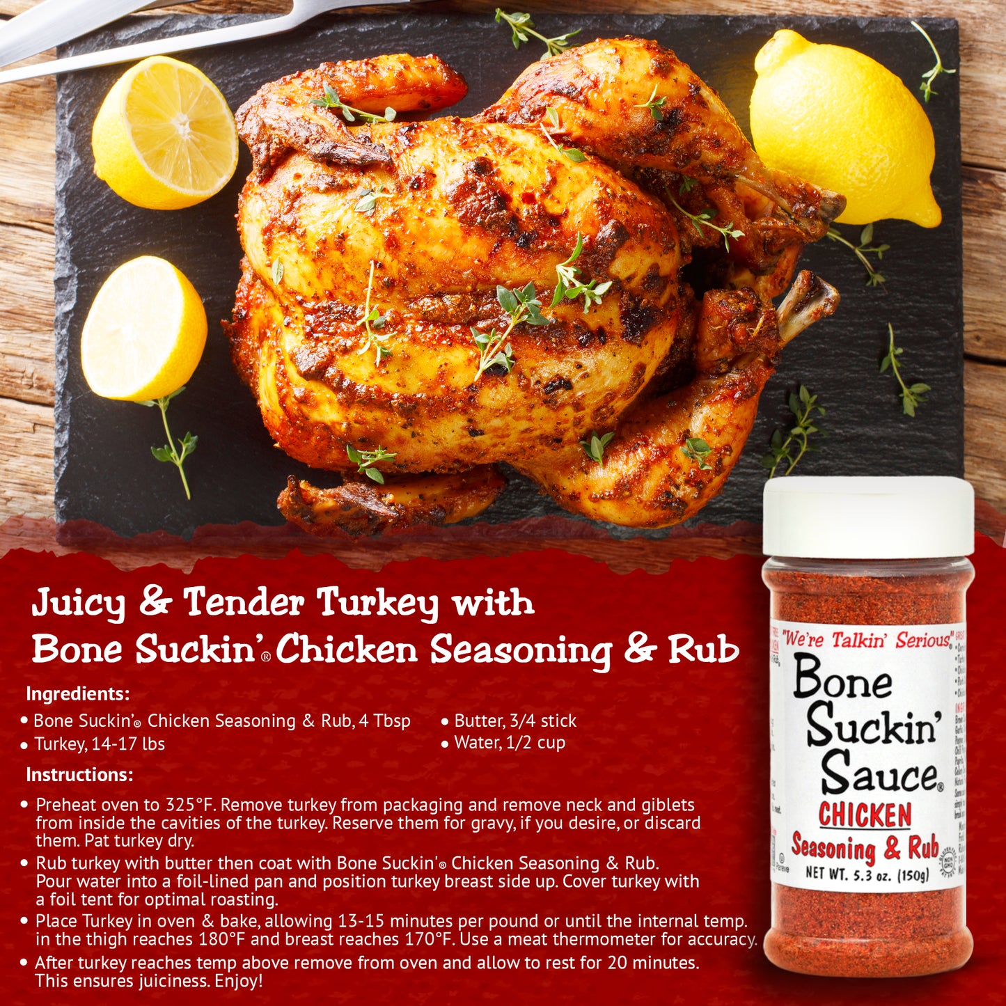 Bone Suckin' Chicken Seasoning & Rub - 5.3oz - with Garlic & Sage - Perfect for Chicken, Turkey, Other Poultry, Fish - Brown Sugar, Garlic, Onion, Spices - Non-GMO, Gluten-Free, Fat-Free, Kosher, Pareve, No MSG!