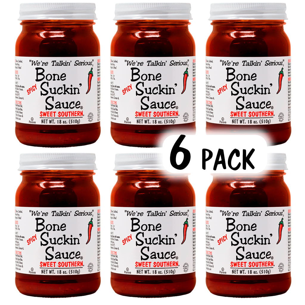 Bone Suckin' Sauce Sweet Southern Spicy BBQ Sauce - 18 oz in Glass Bottle, For Ribs, Chicken, Pork, Beef - Gluten-Free, Non-GMO, Kosher, Spicy Barbecue Sauce Sweetened with Cane Sugar & Molasses. 6 pack