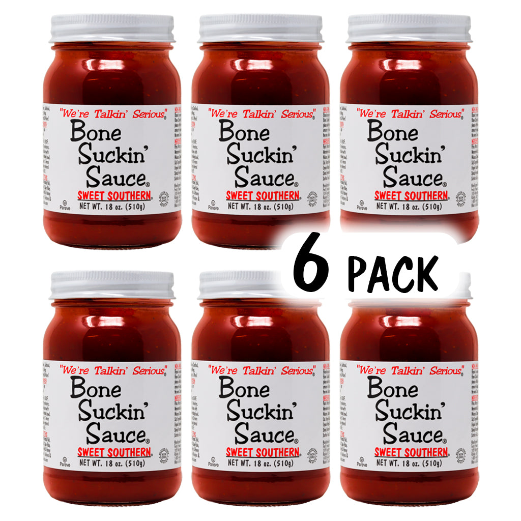 Bone Suckin Sauce® Sweet Southern®, 18 oz, 6 pack Bone Suckin' Sauce is the small batch craft barbecue sauce that is 3rd party tested & verified, Made in the USA in glass bottles, beloved by the entire family for its delicuous taste and unmatched versatility. This exceptional sauce is Non-GMO, Gluten-Free, Kosher and has No High Fructose Corn Syrup, offering both health-consciousness and unparalleled taste and quality.