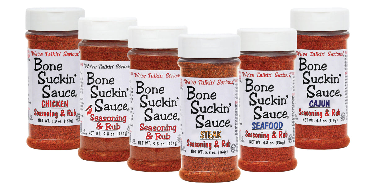 Bone Suckin'® Seasoning & Rub 6 Pack: Cajun, Original, Hot, Chicken, Steak & Seafood. NON GMO, GLUTEN FREE, FAT FREE, KOSHER, NO MSG