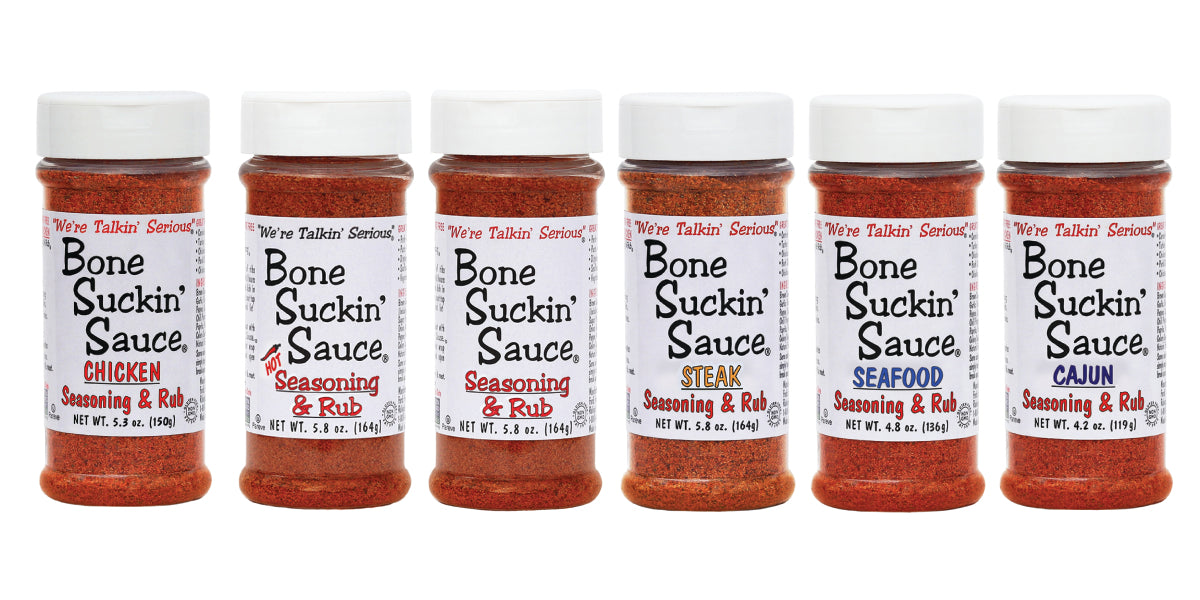 Bone Suckin'® Seasoning & Rub 6 Pack: Cajun, Original, Hot, Chicken, Steak & Seafood. NON GMO, GLUTEN FREE, FAT FREE, KOSHER, NO MSG