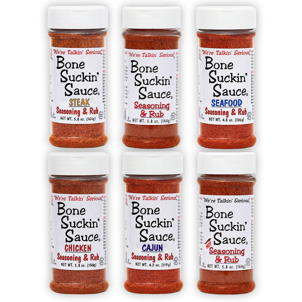 Bone Suckin'® Seasoning & Rub 6 Pack: Cajun, Original, Hot, Chicken, Steak & Seafood. NON GMO, GLUTEN FREE, FAT FREE, KOSHER, NO MSG