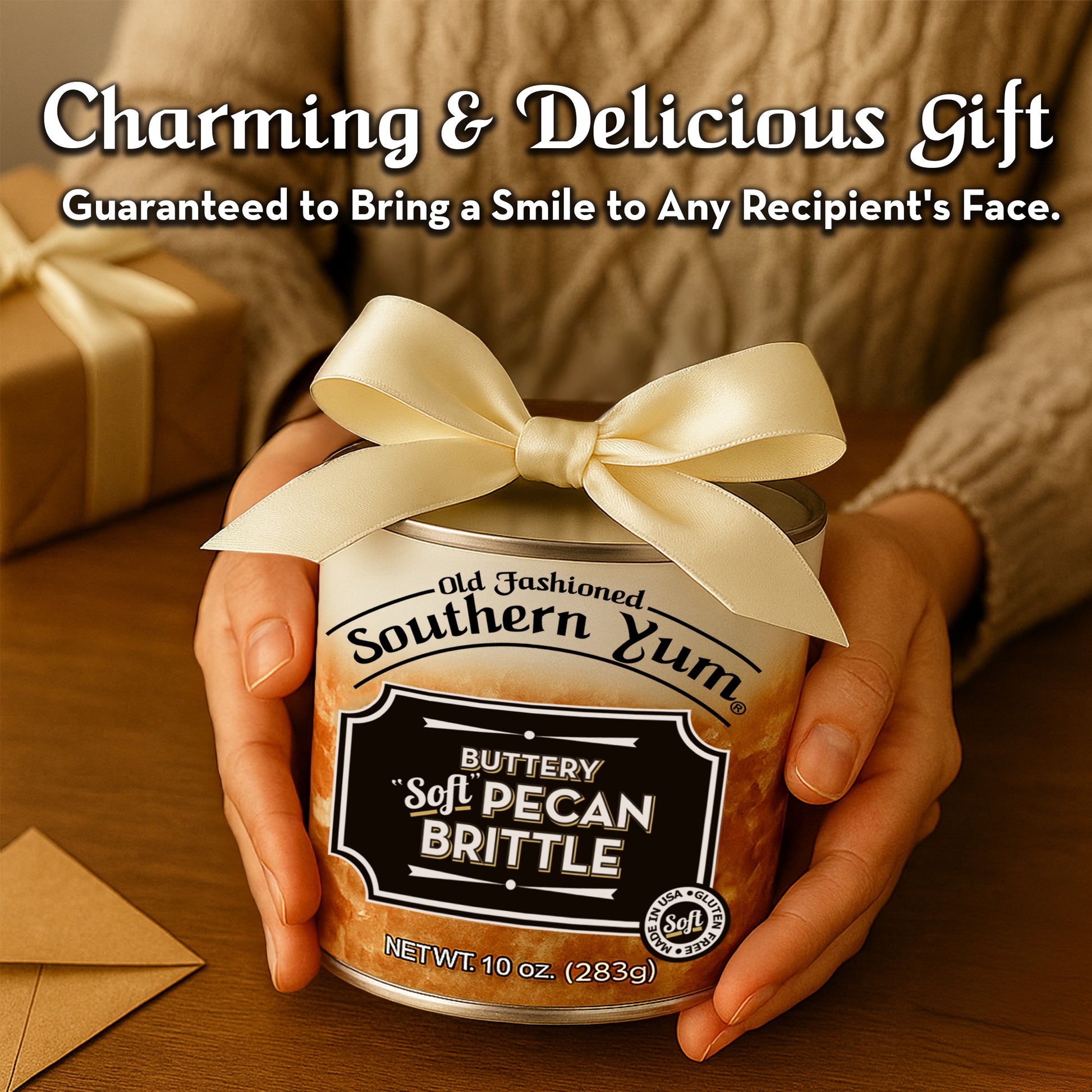 Person holding a jar of Old Fashioned Southern Yum Buttery Soft Pecan Brittle with a bow on top 