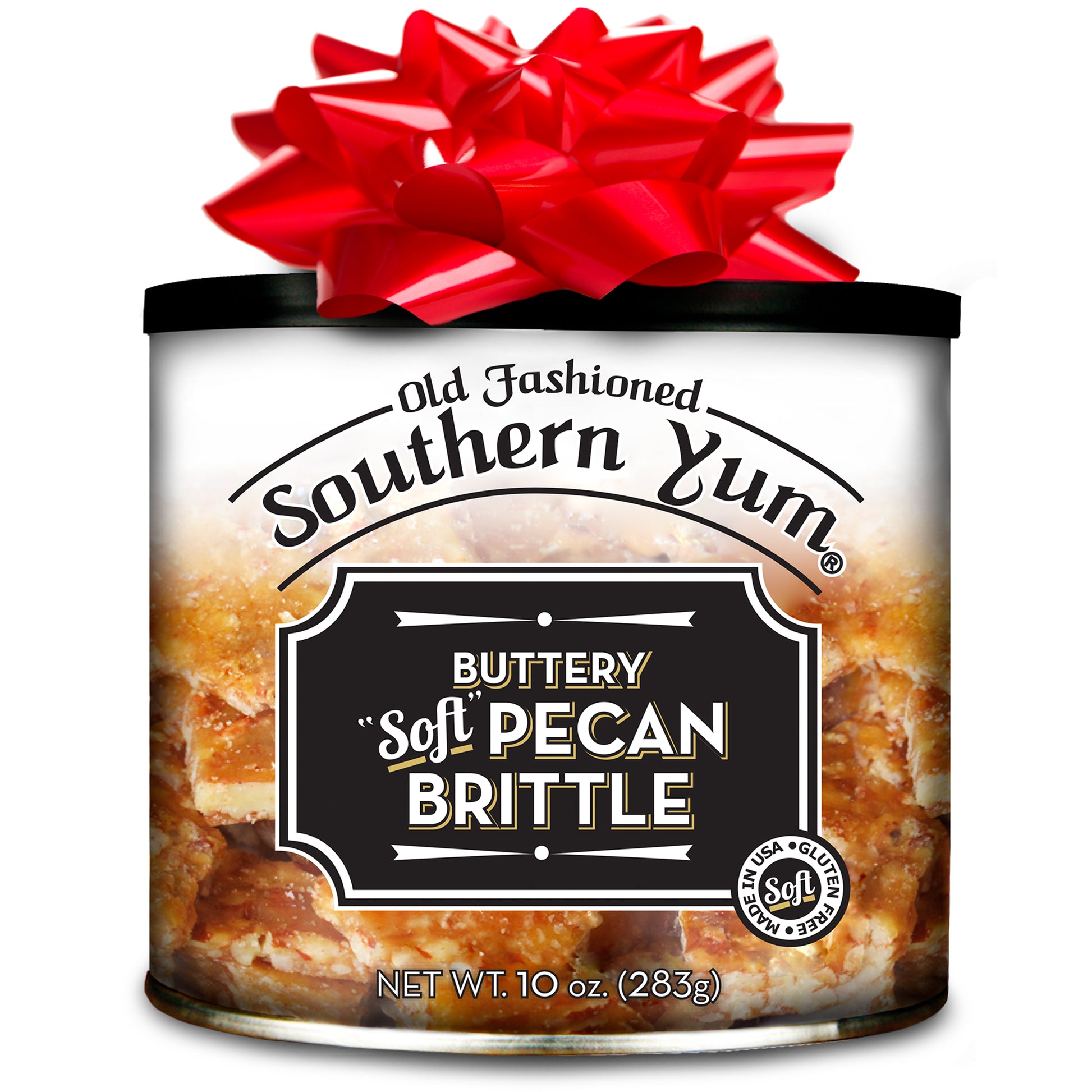 Can of Old Fashioned Southern Yum Buttery Soft Pecan Brittle with a red bow on a white background
