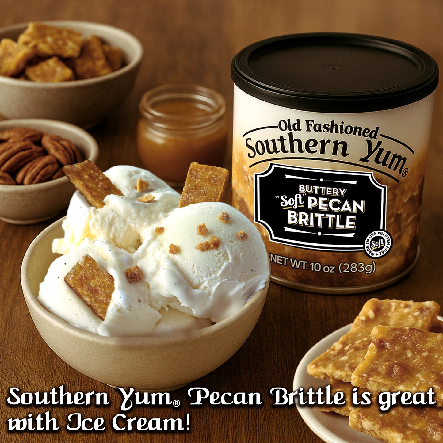 Container of Old Fashioned Southern Yum Buttery Soft Pecan Brittle and ice cream with brittle pieces on top