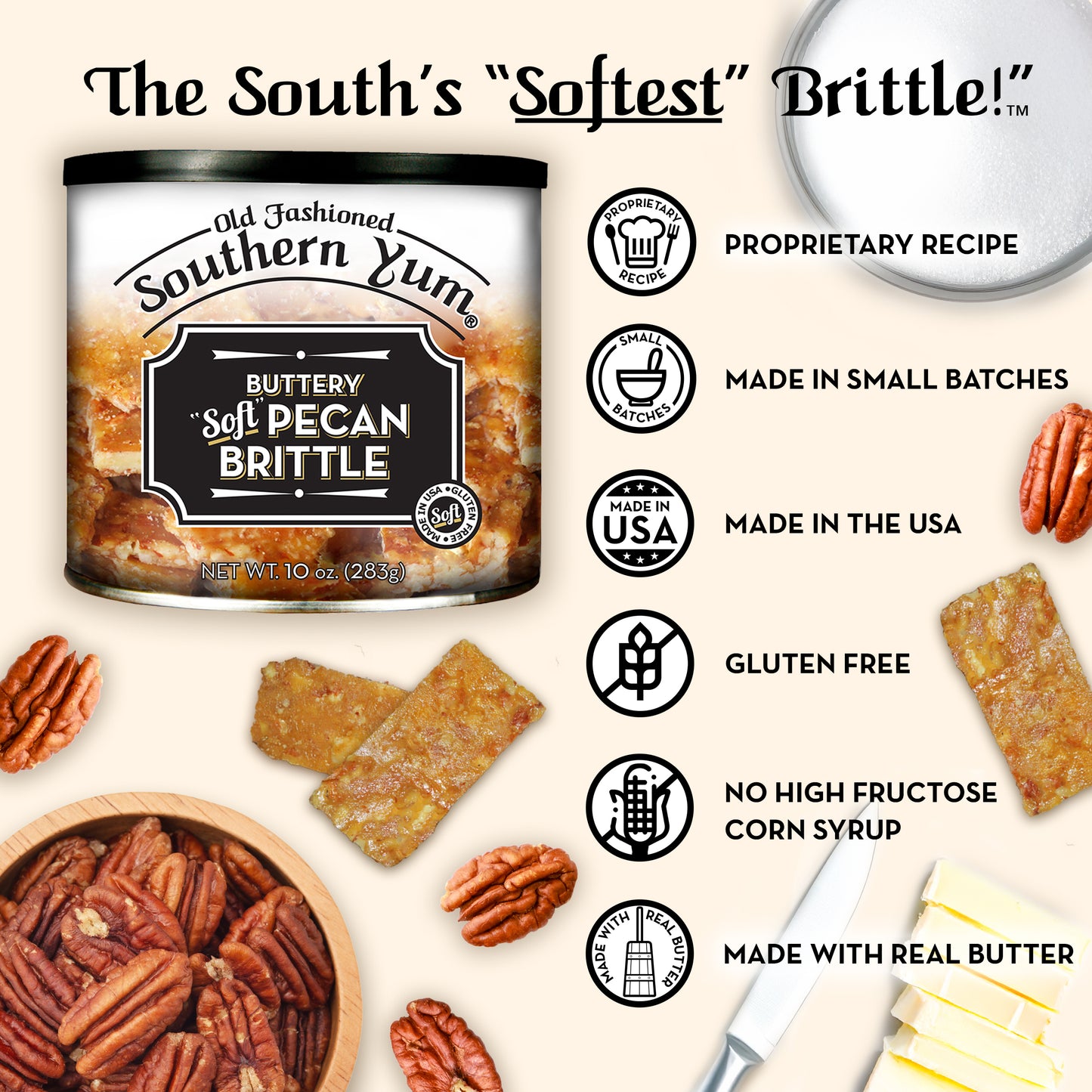 Can of Old Fashioned Southern Yum Buttery Soft Pecan Brittle and a list of product details with pecans, brittle, butter, and a bowl of sugar in the background