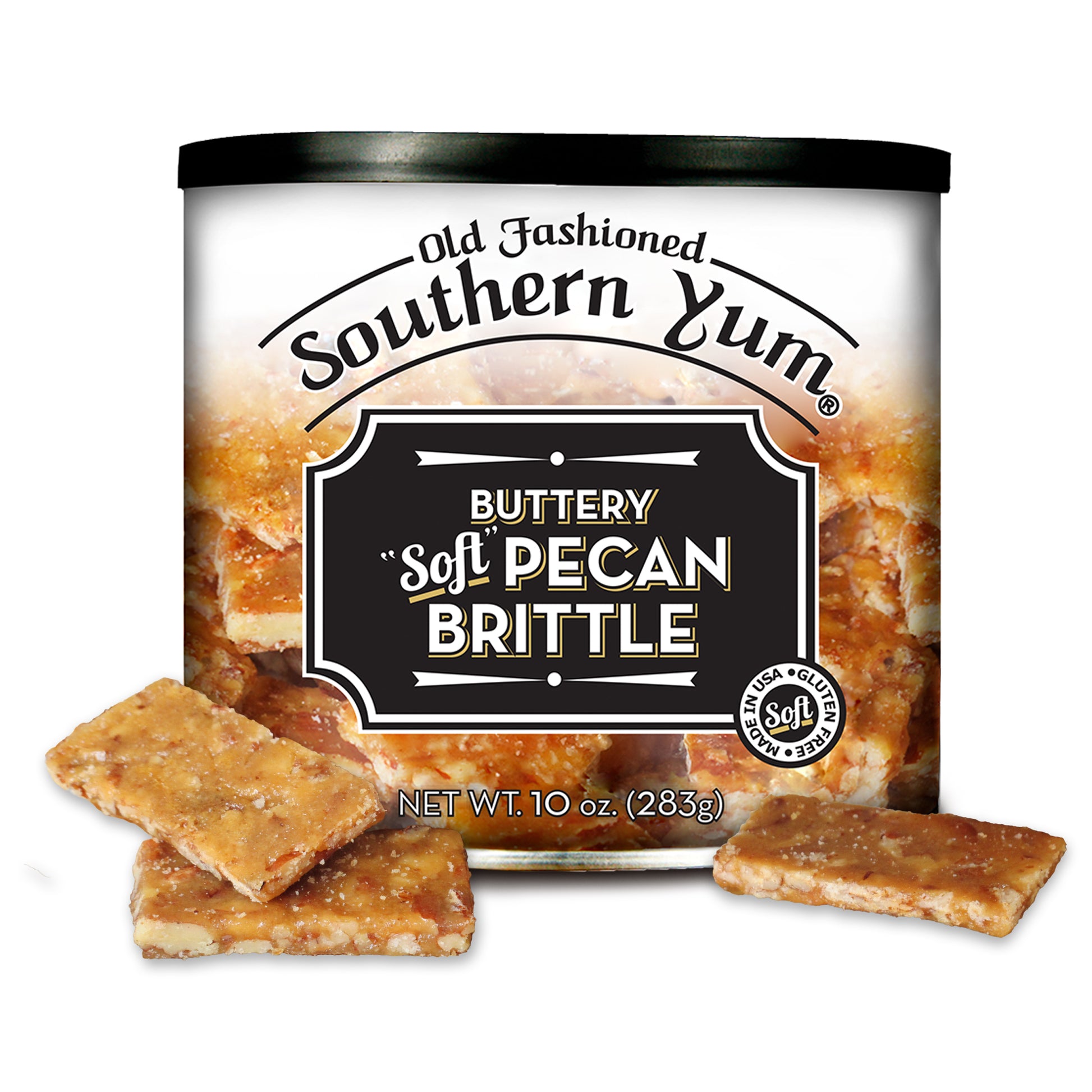 Can of Old Fashioned Southern Yum Buttery Soft Pecan Brittle with brittle pieces in front