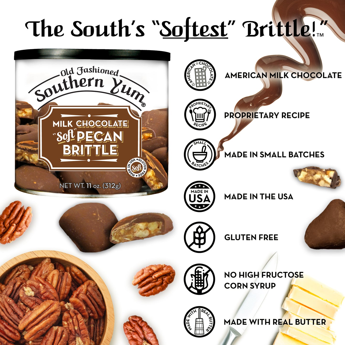 Promotional image of Southern Yum Milk Chocolate Soft Pecan Brittle with product details and ingredients.