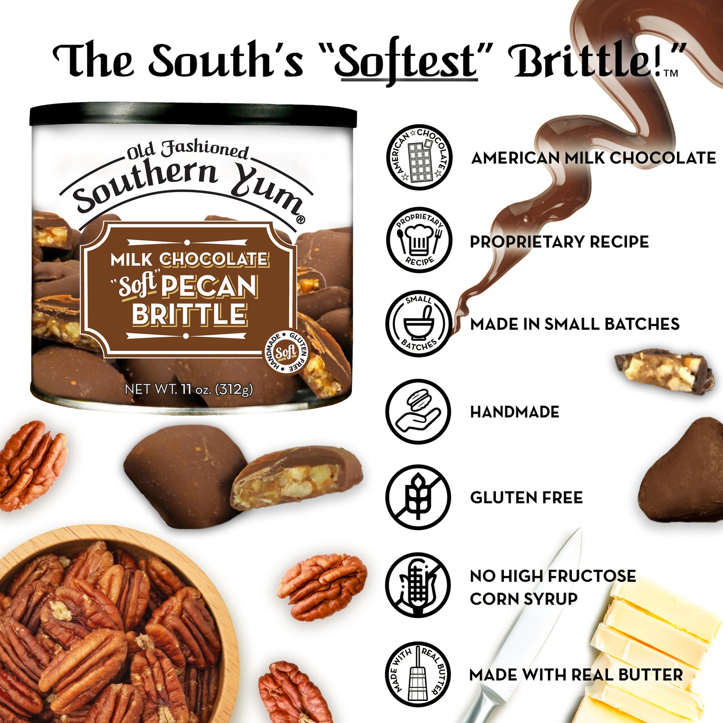 Southern Yum® Pecan Brittle, Milk Chocolate, 11 oz.