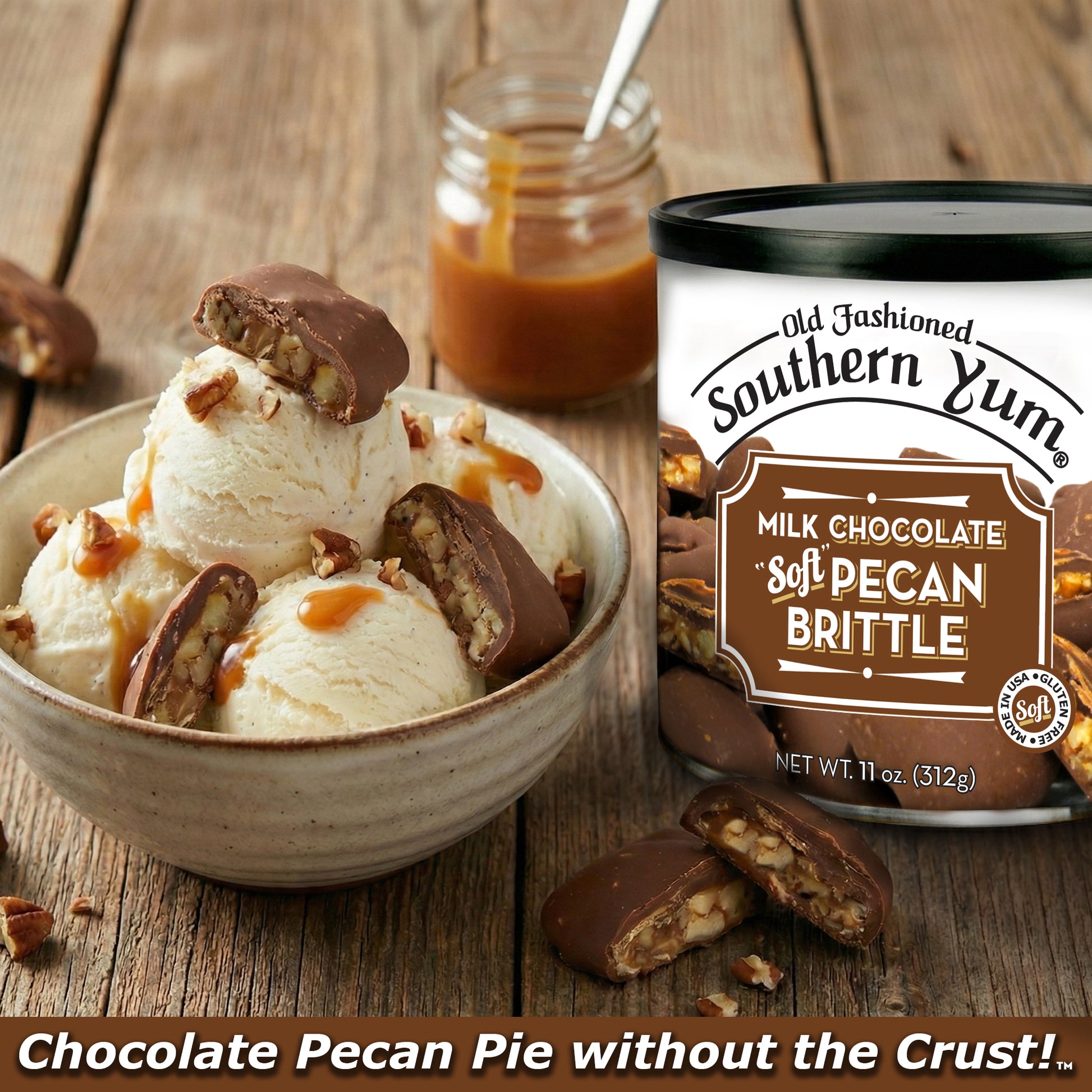 Bowl of ice cream with chocolate pecan brittle pieces next to a can of Old Fashioned Southern Yum Milk Chocolate Soft Pecan Brittle on a wooden surface.