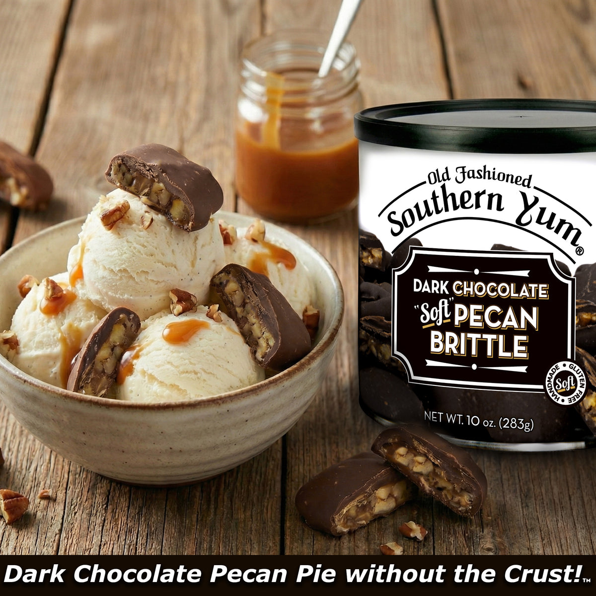 Southern Yum® Pecan Brittle, Dark Chocolate, 10 oz. Tin