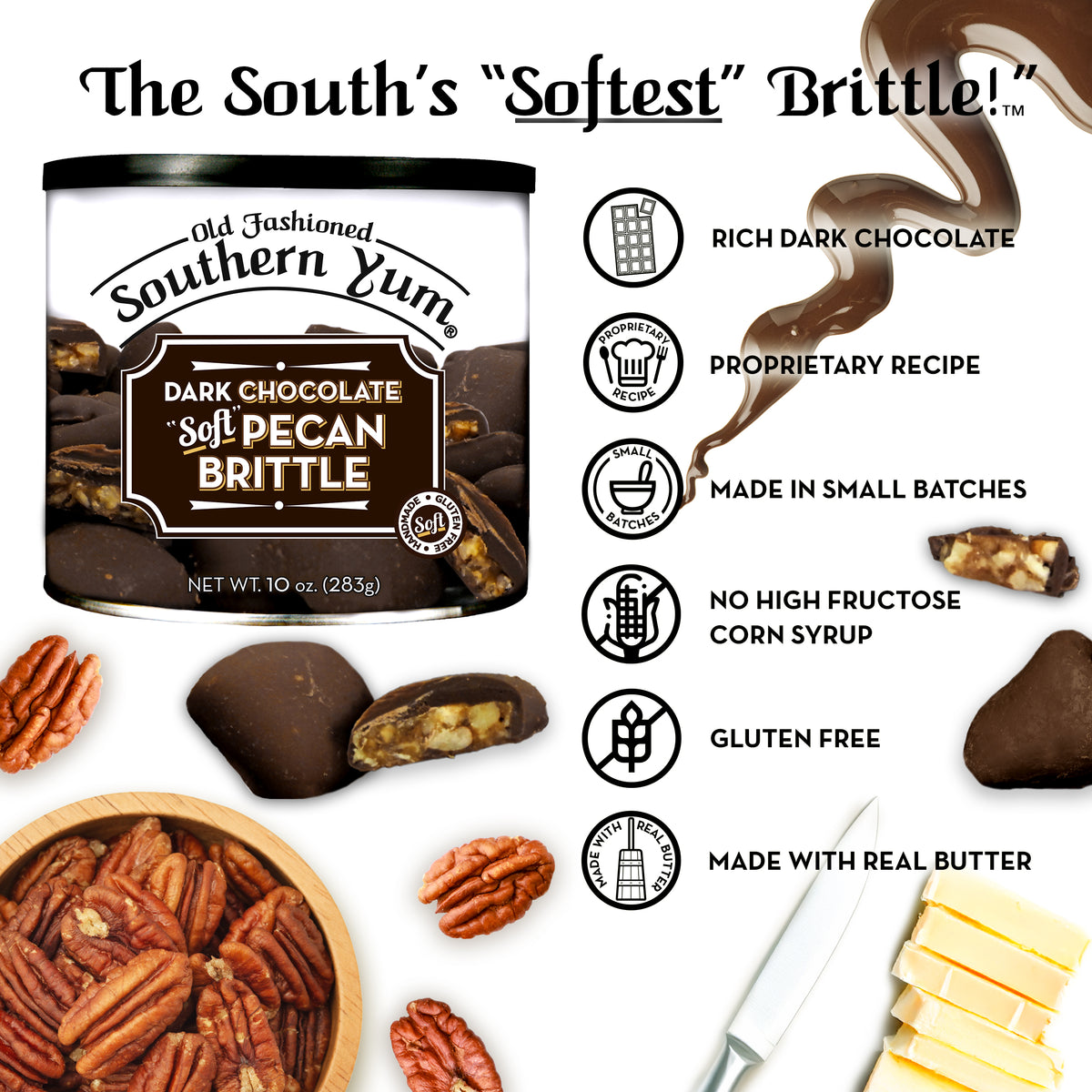 Southern Yum® Pecan Brittle, Dark Chocolate, 10 oz. Tin