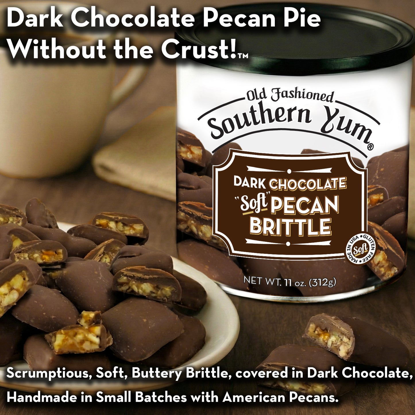 Can of Old Fashioned Southern Yum Dark Chocolate Soft Pecan Brittle with pecans on a plate.