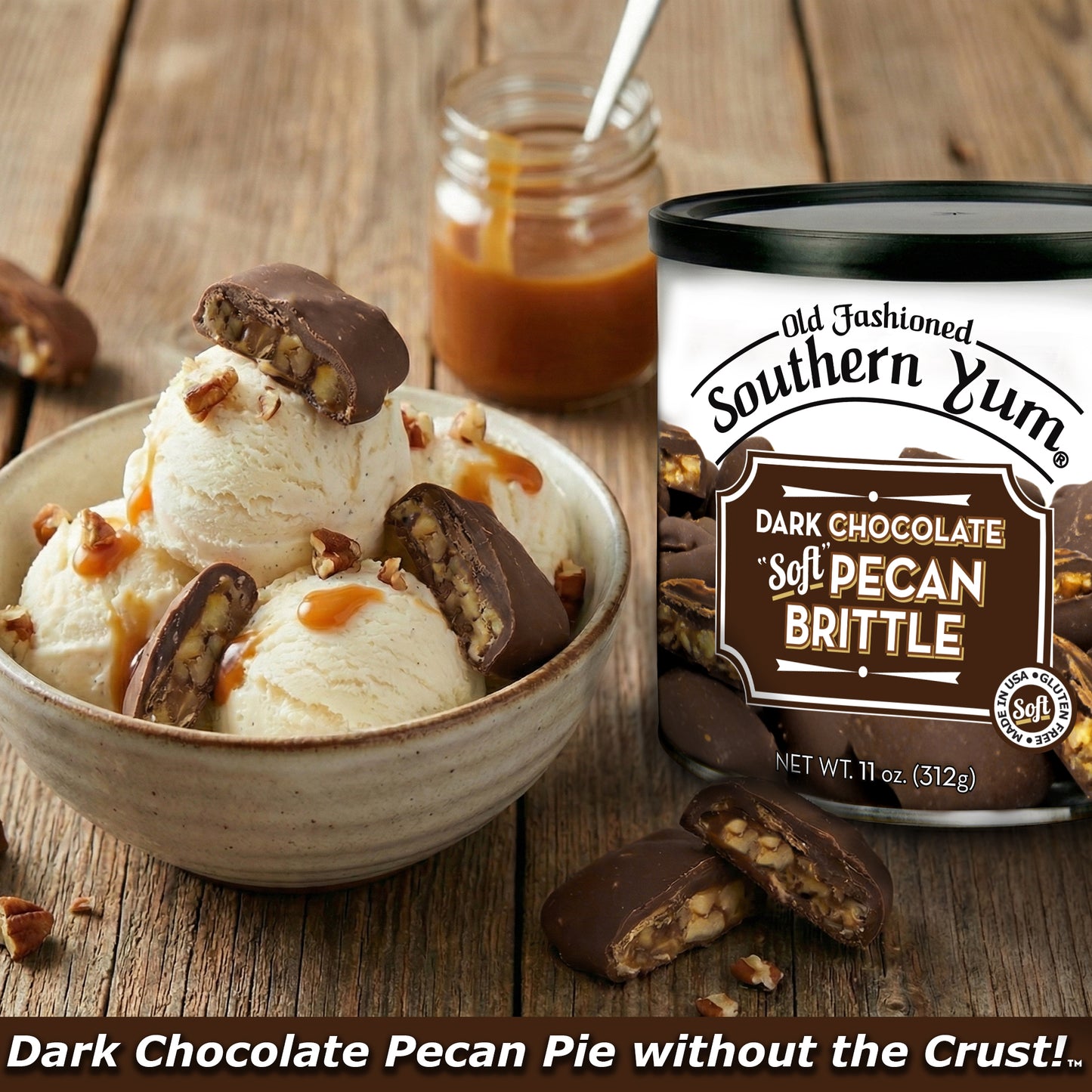 Bowl of ice cream with dark chocolate pecan brittle next to a container of Southern Yum Dark Chocolate Soft Pecan Brittle on a wooden surface.