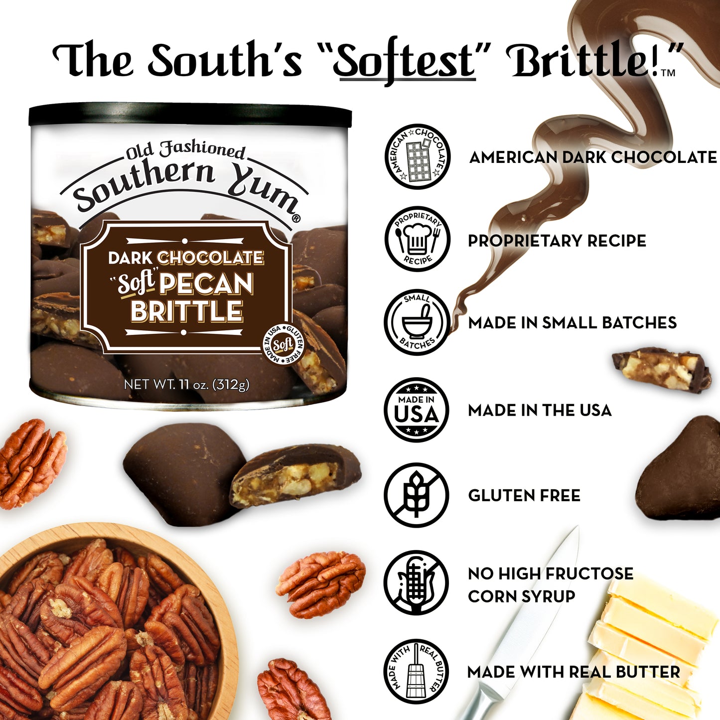 Southern Yum Dark Chocolate Soft Pecan Brittle packaging with product details on a white background