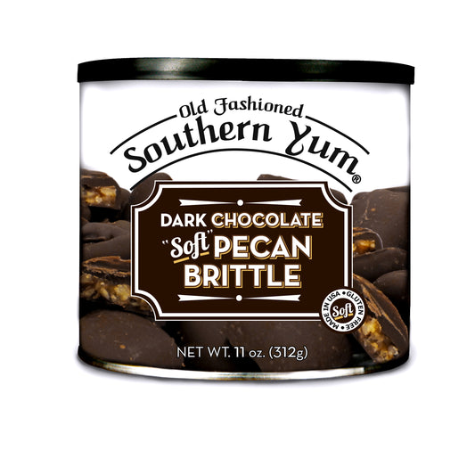 Tin of Southern Yum Dark Chocolate Pecan Brittle 