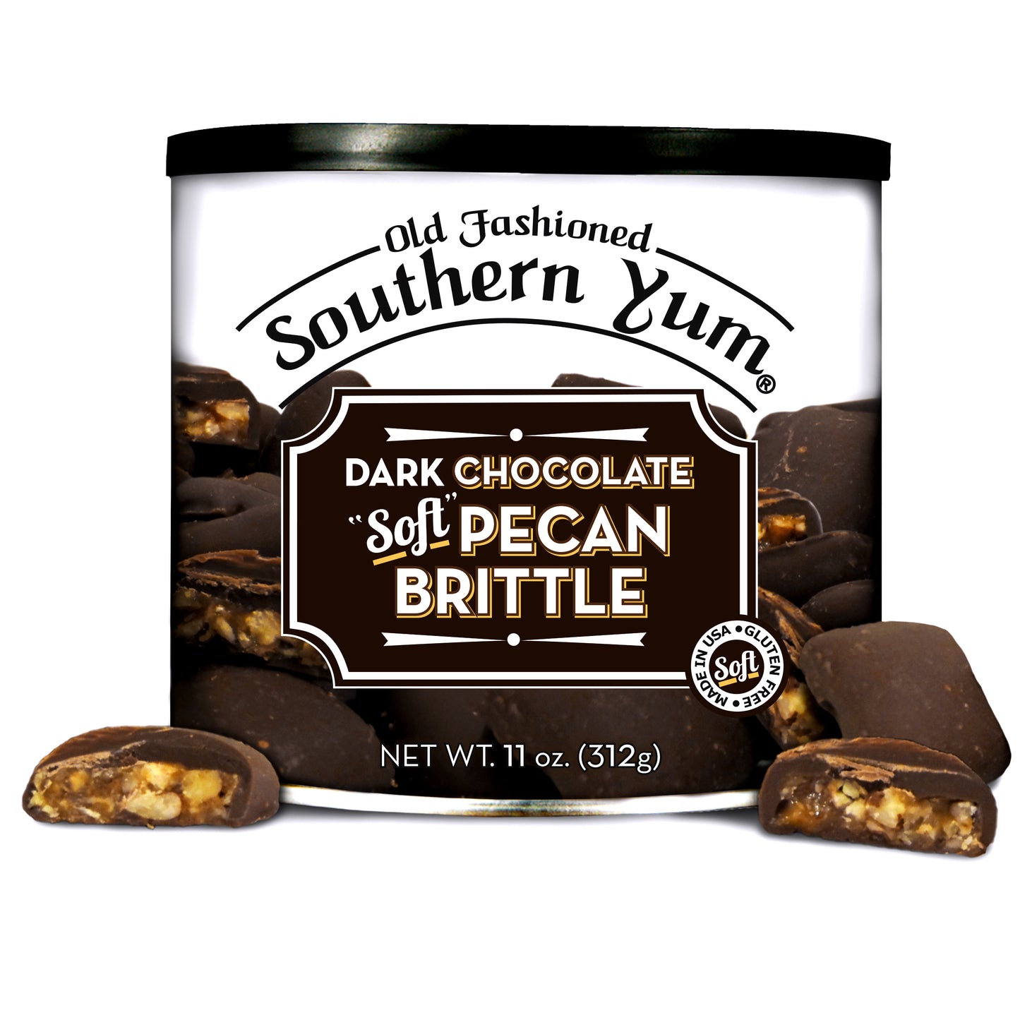 Southern Yum Dark Chocolate Pecan Brittle 11 oz. Tin with Pieces of brittle