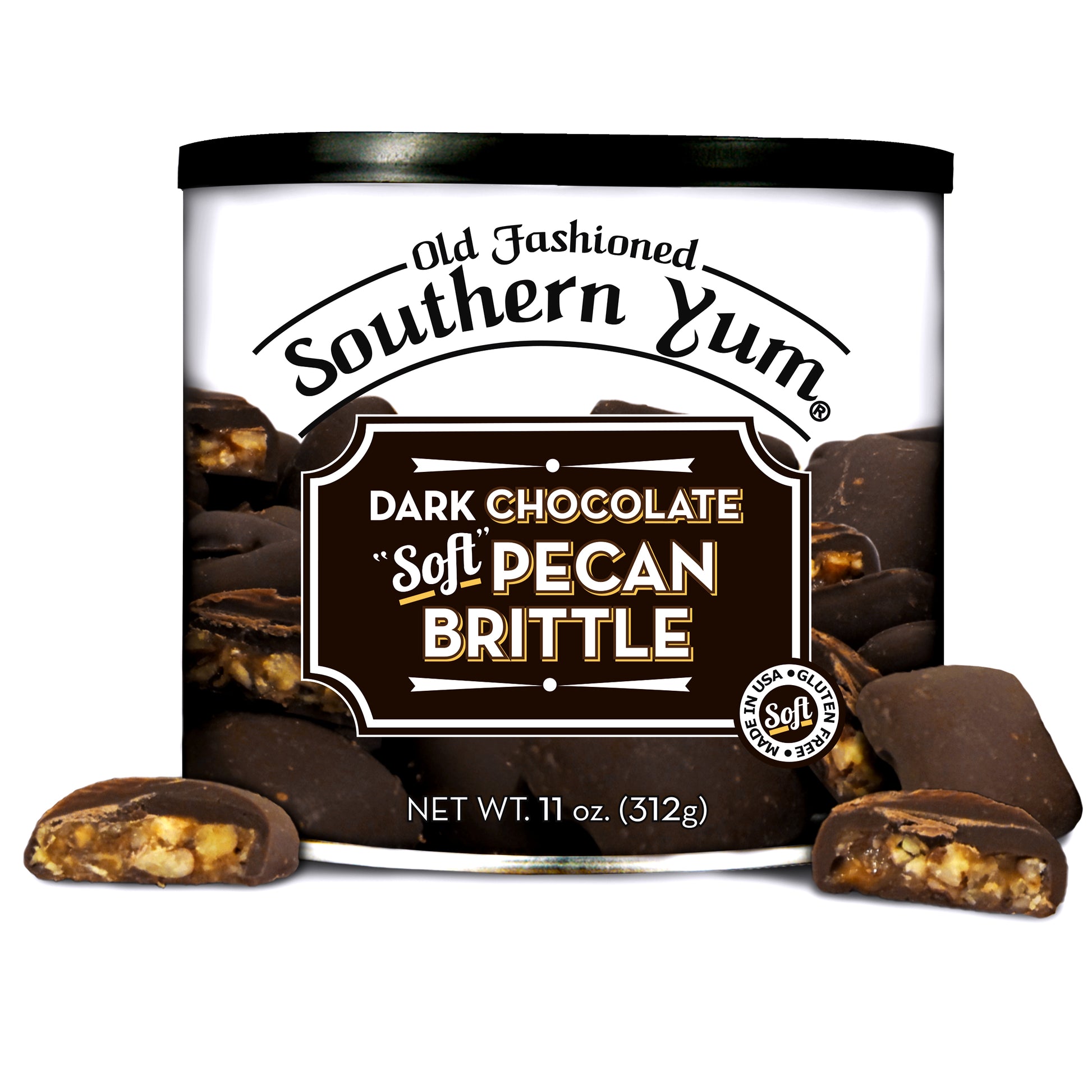 Southern Yum Dark Chocolate Pecan Brittle 11 oz. Tin with Pieces of brittle