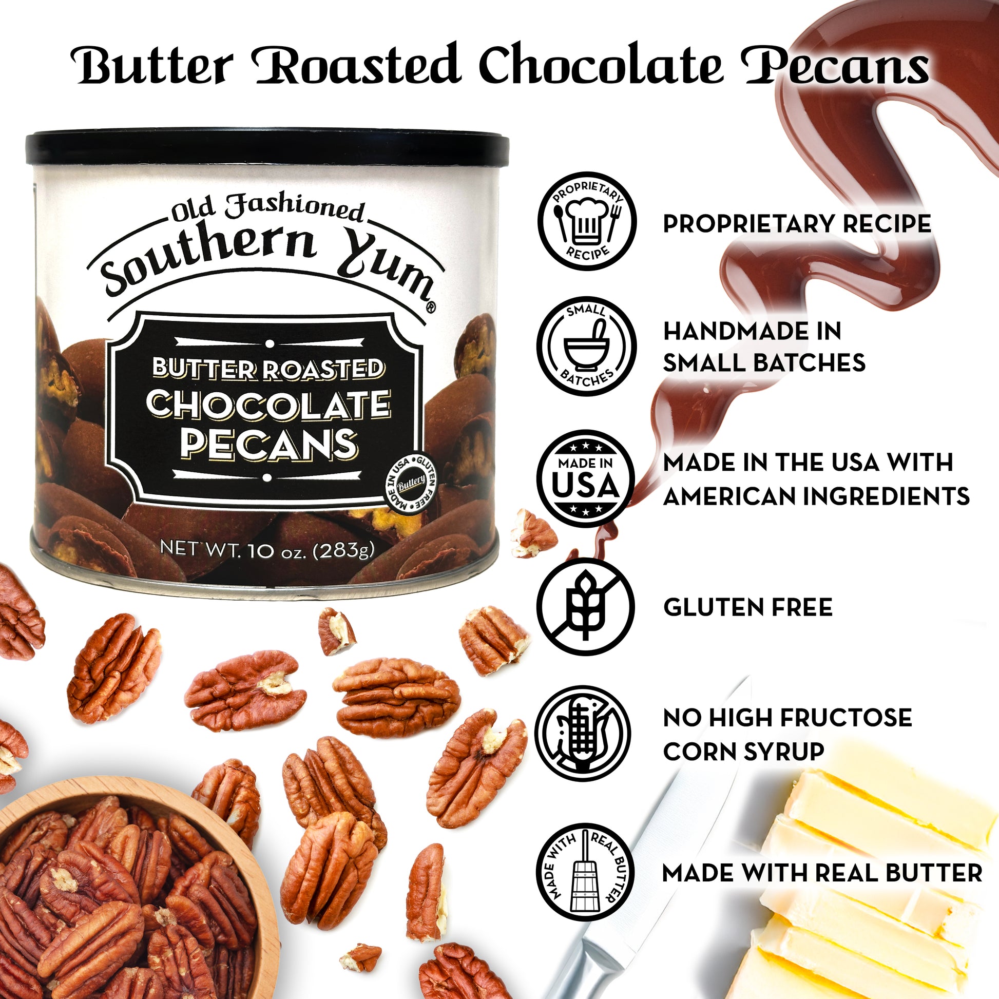 Tin of Old Fashioned Southern Yum Butter Roasted Chocolate Pecans with product details and pecans and a chocolate drizzle in the background.
