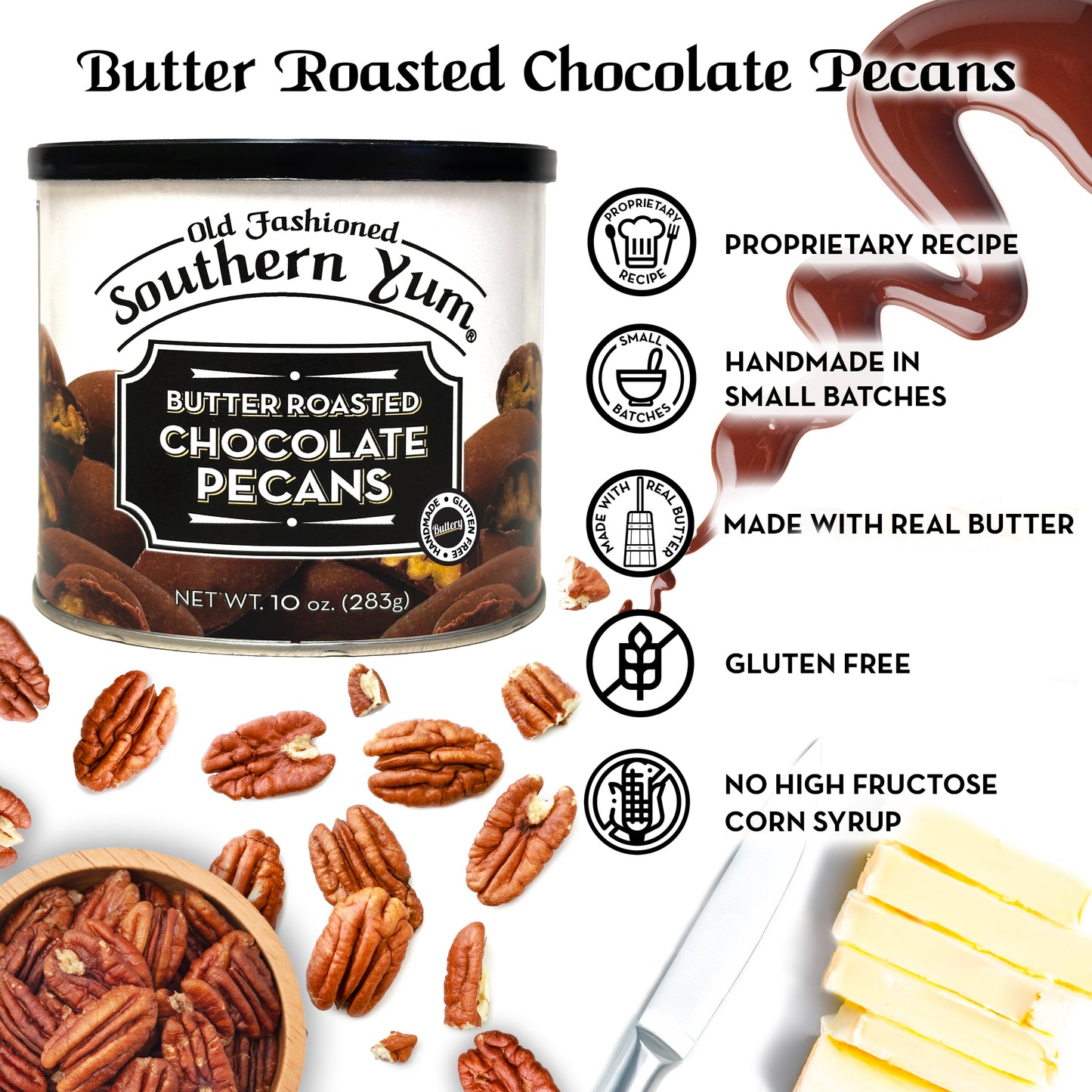Southern Yum Butter Roasted Chocolate Pecans, 10 oz. Tin