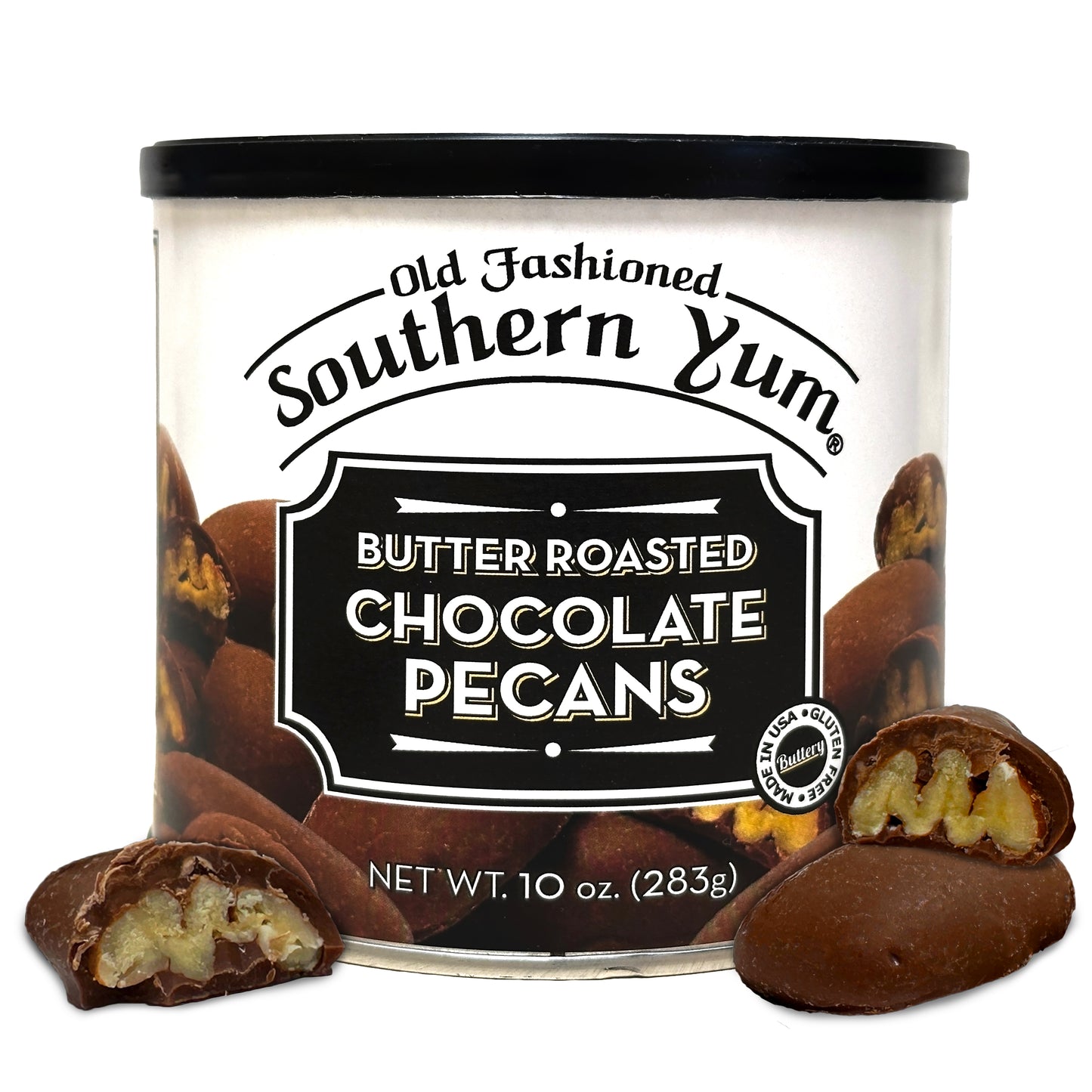 Tin of Old Fashioned Southern Yum Butter Roasted Chocolate Pecans on a white background with Chocolate Covered Pecans in front of it
