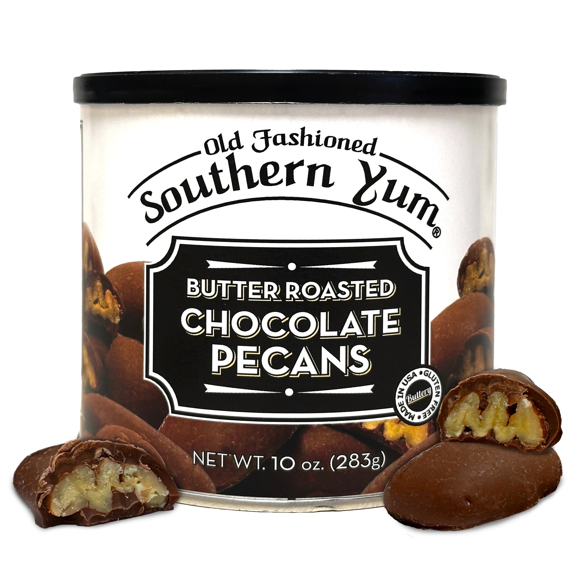 Tin of Old Fashioned Southern Yum Butter Roasted Chocolate Pecans on a white background with Chocolate Covered Pecans in front of it