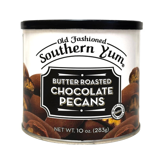 Tin of Old Fashioned Southern Yum Butter Roasted Chocolate Pecans on a white background