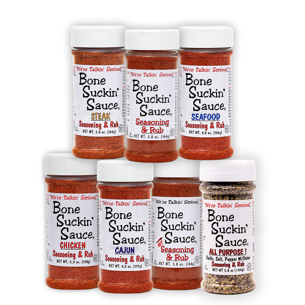 Bone Suckin'® Seasoning & Rub Variety Pack comes with 7 Great flavors to choose from: All-Purpose!, Cajun, Original, Hot,Chicken, Steak & Seafood.