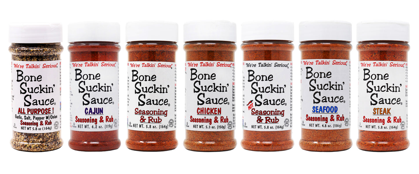 Bone Suckin'® Seasoning & Rub Variety Pack comes with 7 Great flavors to choose from: All-Purpose!, Cajun, Original, Hot,Chicken, Steak & Seafood.