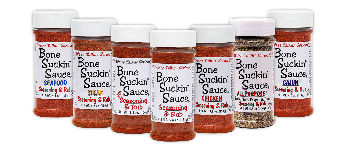 Bone Suckin'® Seasoning & Rub Variety Pack comes with 7 Great flavors to choose from: All-Purpose!, Cajun, Original, Hot,Chicken, Steak & Seafood.