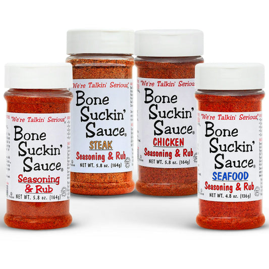 Bone Suckin Sauce Seasoning Variety Pack 4- Original, Steak, Chicken and Seafood Rubs. 