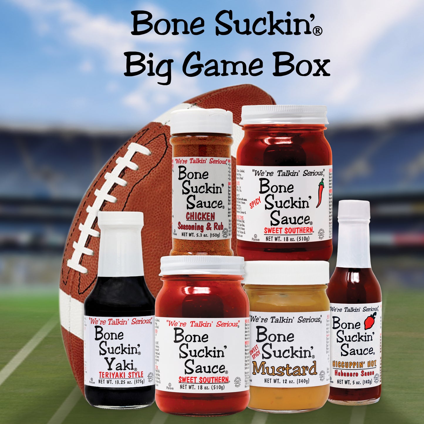 Bone Suckin Big Game Box - Bone Suckin' Chicken Seasoning & Rub, Bone Suckin' Sauce Spicy Sweet Southern, Bone Suckin' Yaki, Bone Suckin' Sauce Sweet Southern, Bone Suckin' Sweet Spicy Mustard, and Bone Suckin' Hiccuppin' Hot Sauce in a football field with a football.