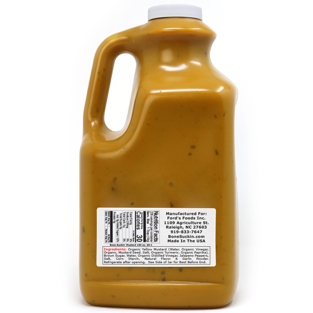 Bone Suckin Sauce Sweet Spicy mustard, 1 gallon size, label on back of bottle, ingredients and nutrition facts.