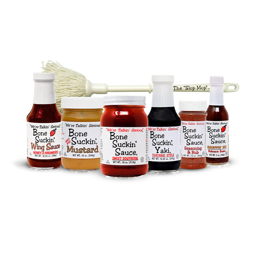 Bone Suckin' Sauce® Sampler Box, Bone Suckin' Sauce® Sampler Gift Box Includes:  Bone Suckin' Sauce® Sweet Southern® 18oz Bone Suckin'® Steak Seasoning & Rub, 5.8 oz. Bone Suckin'® Wing Sauce, Garlic & Honey, 12.25 oz.  Bone Suckin'®  Hiccuppin' Hot Habanero Sauce, 5 oz. Bone Suckin'® Yaki, Teriyaki Style, 13.25 oz. Bone Suckin'® Sweet/Spicy Mustard, 12 oz. The "Slop Mop"