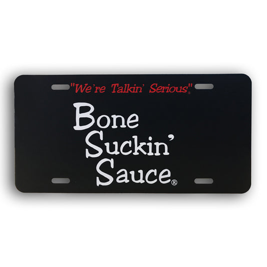 Bone Suckin' Sauce® license plate, black.  Take your favorite sauce with you!