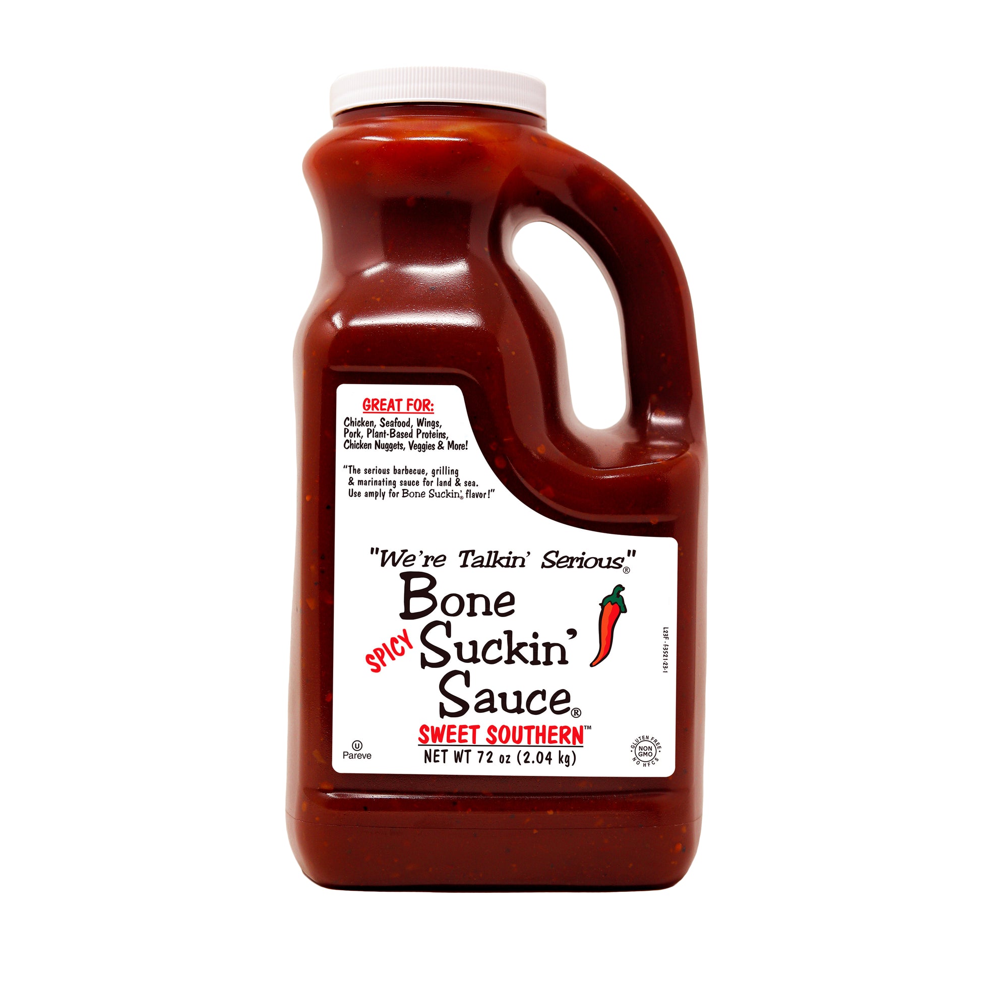 72 oz. Jug of Bone Suckin' Sauce Spicy Sweet Southern on a white background