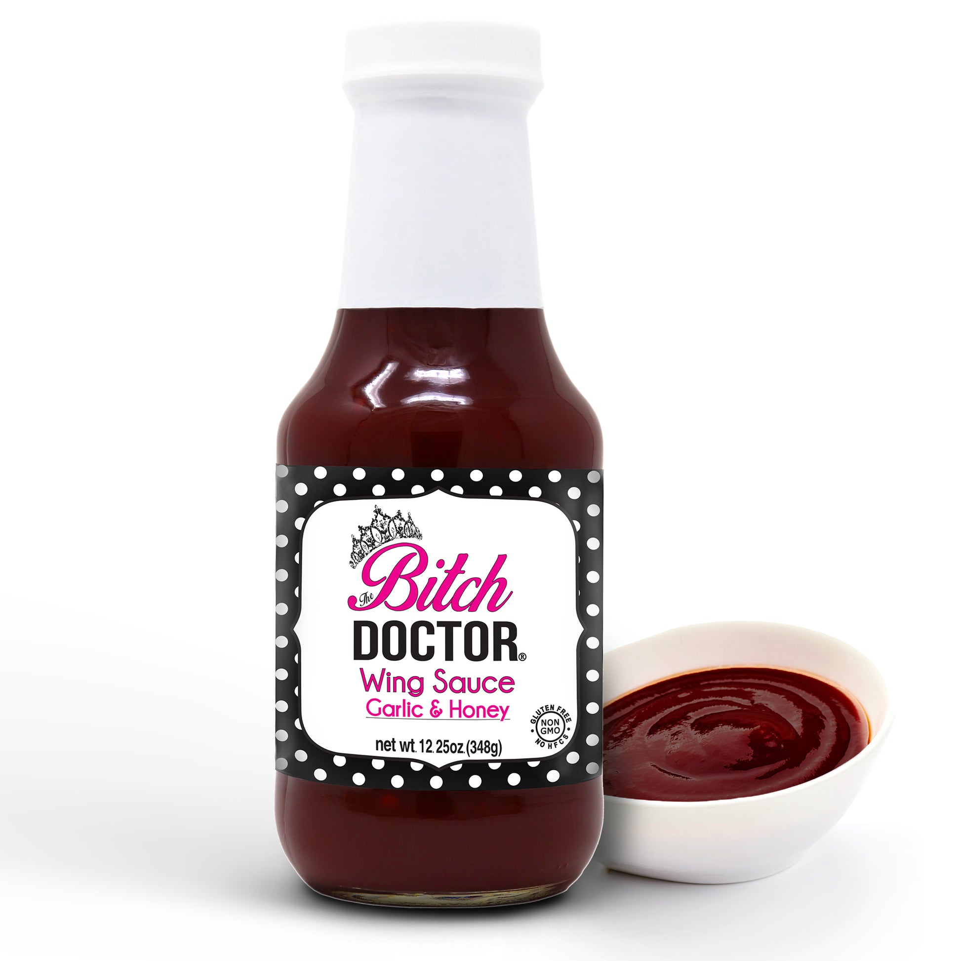 Bitch Doctor Garlic and Honey Wing Sauce with cup of sauce