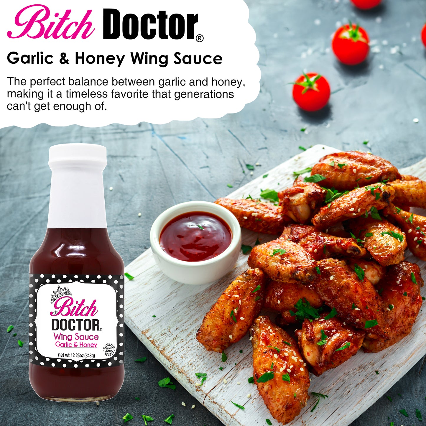 Bitch Doctor Garlic & Honey Wing Sauce with wings on a board