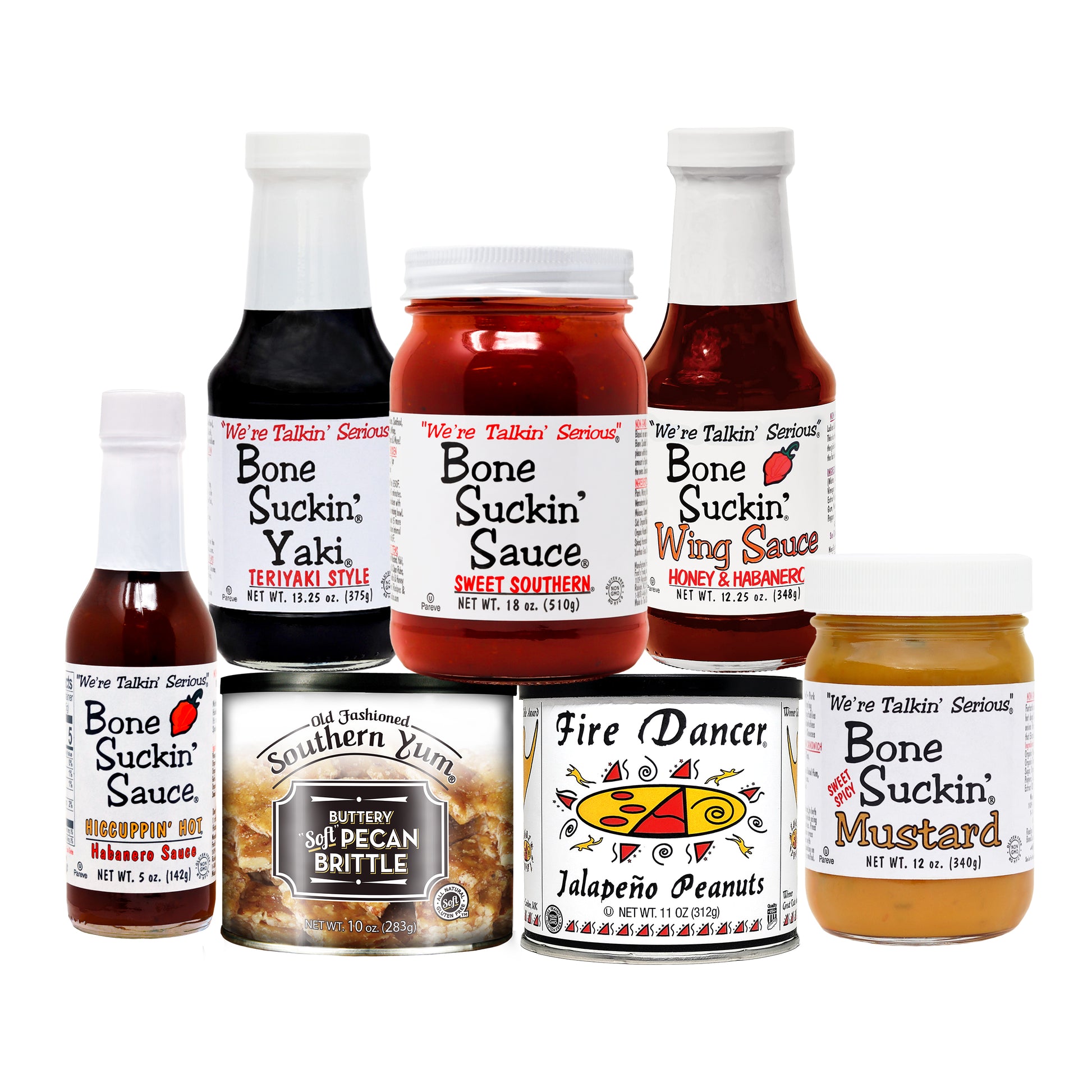 Bone Suckin' Sauce Sweet Southern, Bone Suckin' Yaki, Bone Suckin' Wing Sauce Honey & Habanero, Bone Suckin' Sauce Hiccuppin' Hot, Bone Suckin' Mustard Sweet Spicy, Southern Yum Pecan Brittle, and Fire Dancer Jalapeno Peanuts stacked together