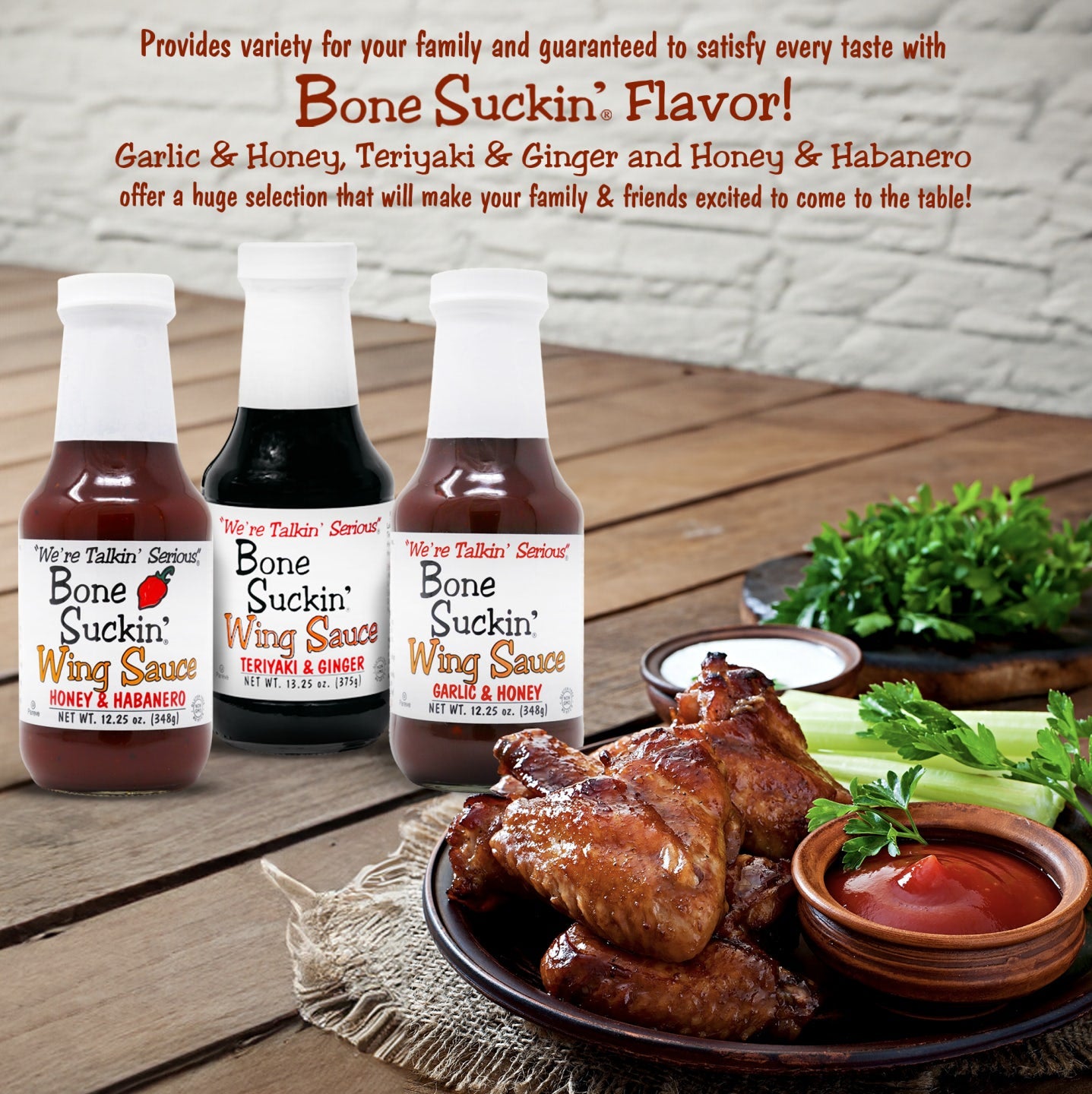 Bone Suckin' Wing Sauce Variety 3-Pack : Garlic & Honey, Teriyaki & Ginger, Honey & Habanero 12.25 oz.