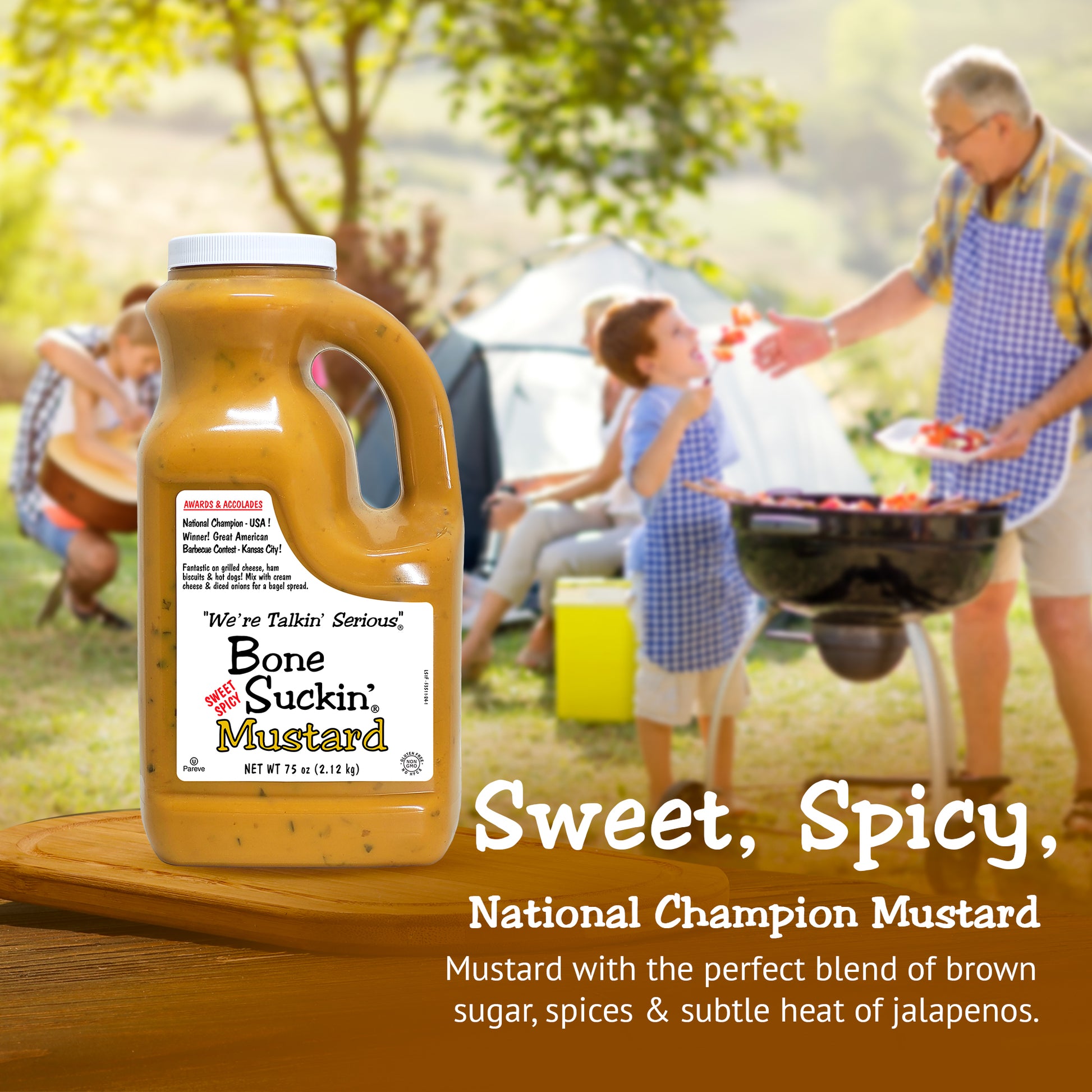 Bone Suckin' Sweet Spicy Mustard 75 oz. - Grandpa and child grilling in background