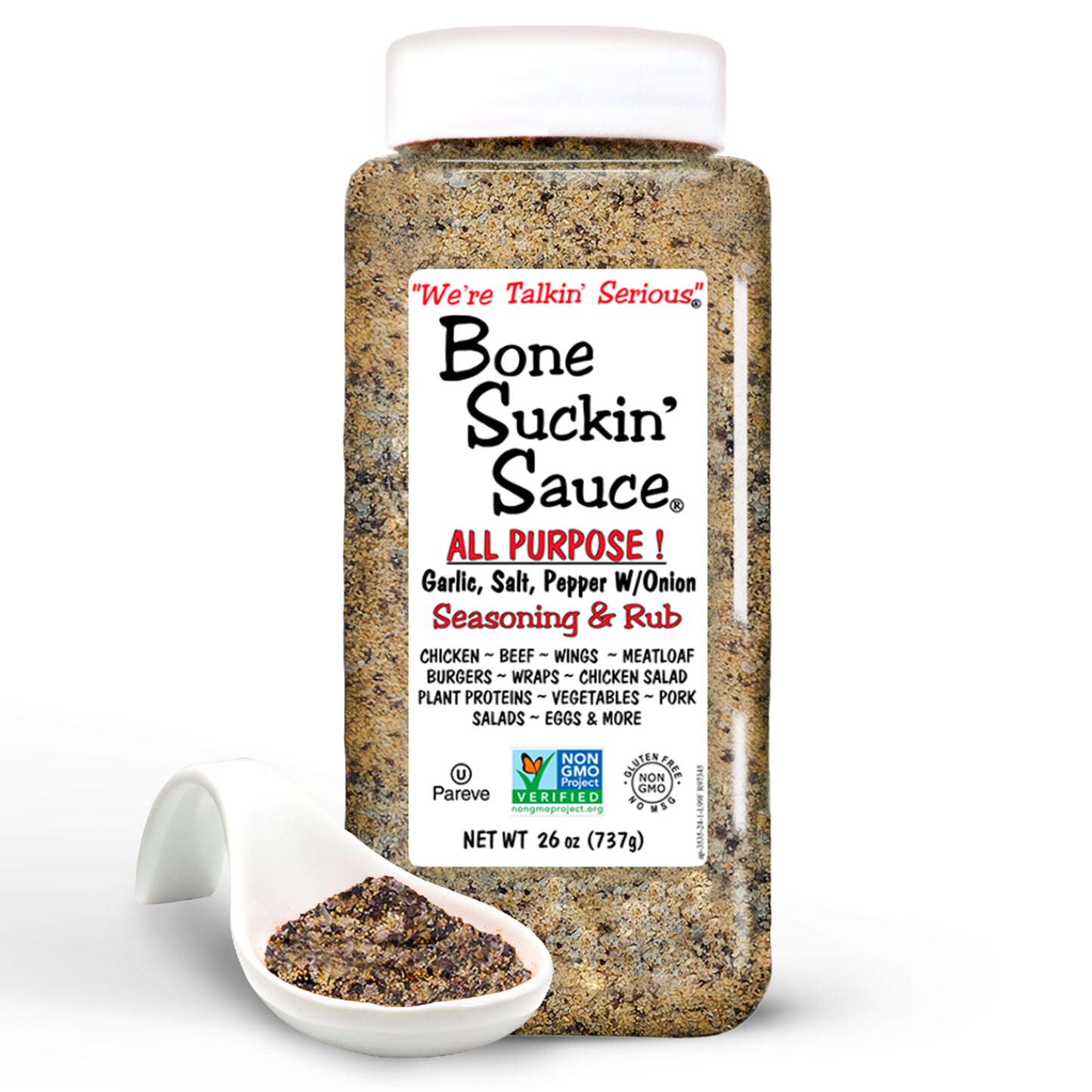 Bone Suckin'®All Purpose Seasoning & Rub 26 oz, Zero Calorie, Sugar Free, Gluten Free, Non GMO, Kosher, Garlic, Salt, Pepper & Onion, For Pork, Beef, Chicken, Seafood, Pasta, Veggies! No MSG!