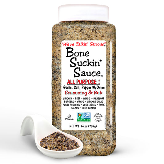 Bone Suckin'®All Purpose Seasoning & Rub 26 oz, Zero Calorie, Sugar Free, Gluten Free, Non GMO, Kosher, Garlic, Salt, Pepper & Onion, For Pork, Beef, Chicken, Seafood, Pasta, Veggies! No MSG!